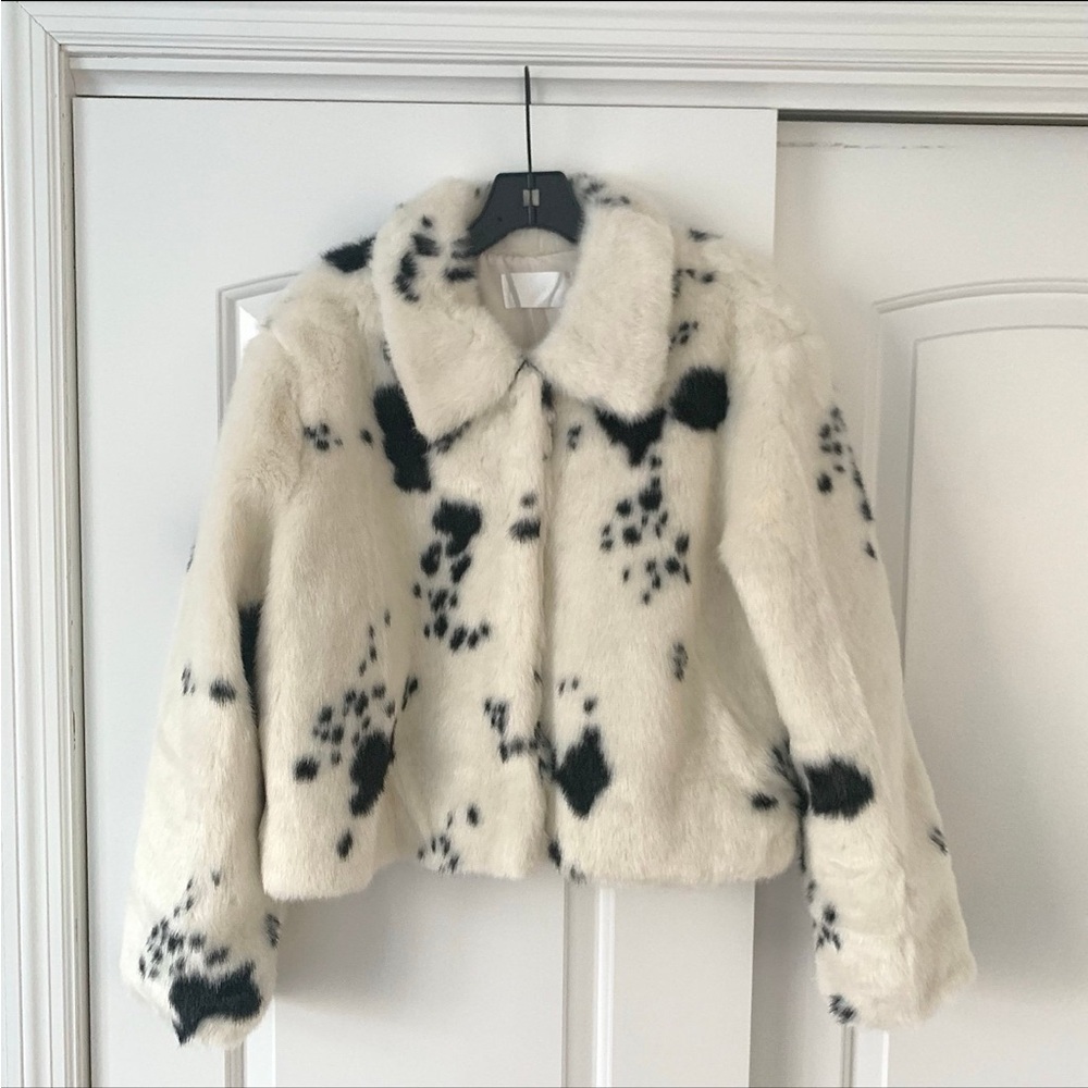 Stylish Faux Fur Jacket with Black Cow Print